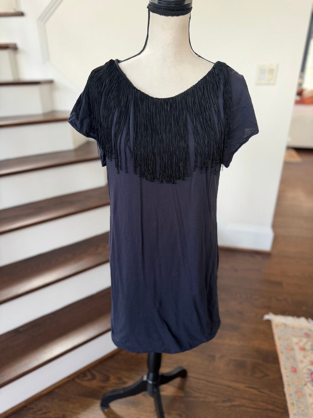 3.1 Phillip Lim Navy Black Fringe Short Sleeve Shift Dress Boho Indie Grunge